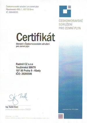 Certifikát členství v Českomoravském sdružení pro zemní plyn