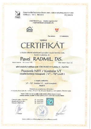 Certifikát vizuální kontrola termoplastů VT