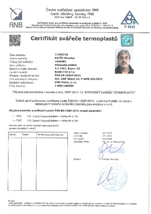 Certifikát lepič termoplastů
